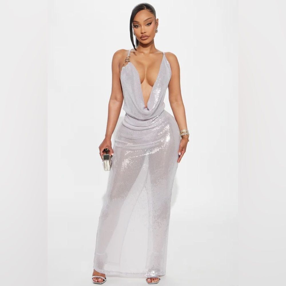 Jessica Asymmetrical Sequin Maxi Dress - Silver • Elegant Silver Evening Gown